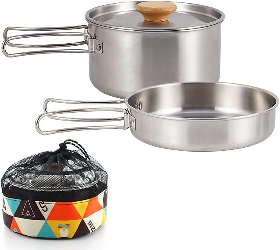 Camping Cookware Set, Compact Stainless Steel Campfire Cooking Pots and Pans, Combo Kit with Storage Bag, Rugged Outdoor Cook Set for Hiking Barbecues Beach