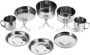 Camping Cookware Set Portable Stainless Steel Cookware Pan Pot Plate Cup Set for Outdoor Camping Picnic Silver 8Pcs