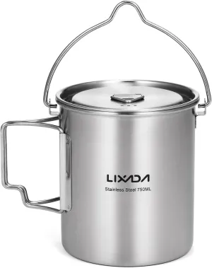 Camping Cup, 750ml Stainless Steel Pot Portable Water Mug Cup with Lid and Foldable Handle Outdoor Camping Cooking Picnic