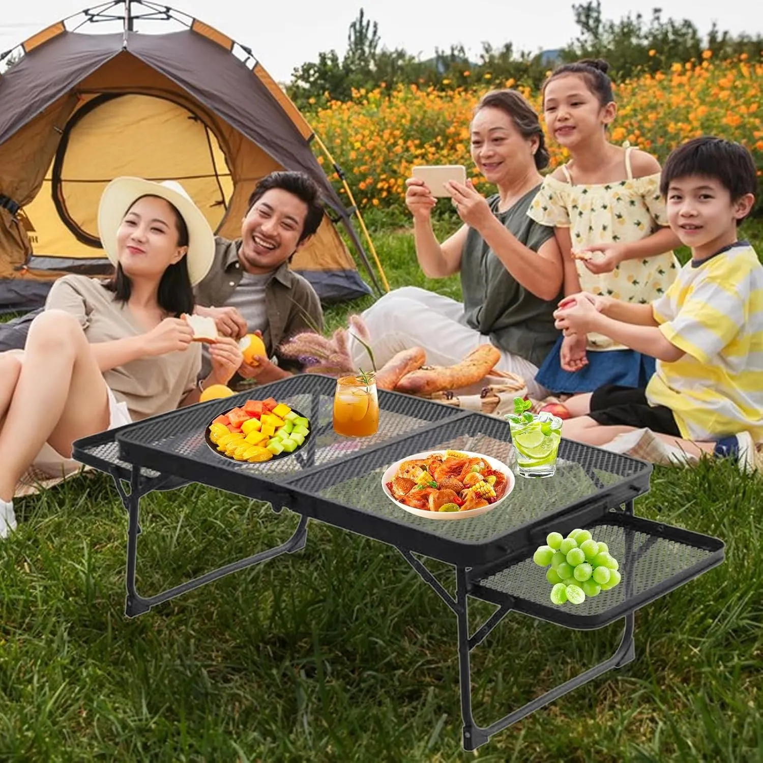 Camping Folding Mesh Table, Height Adjustable & Lightweight & Portable Portable Grill Table for Camping, Picnic, Beach and BBQ, RV A