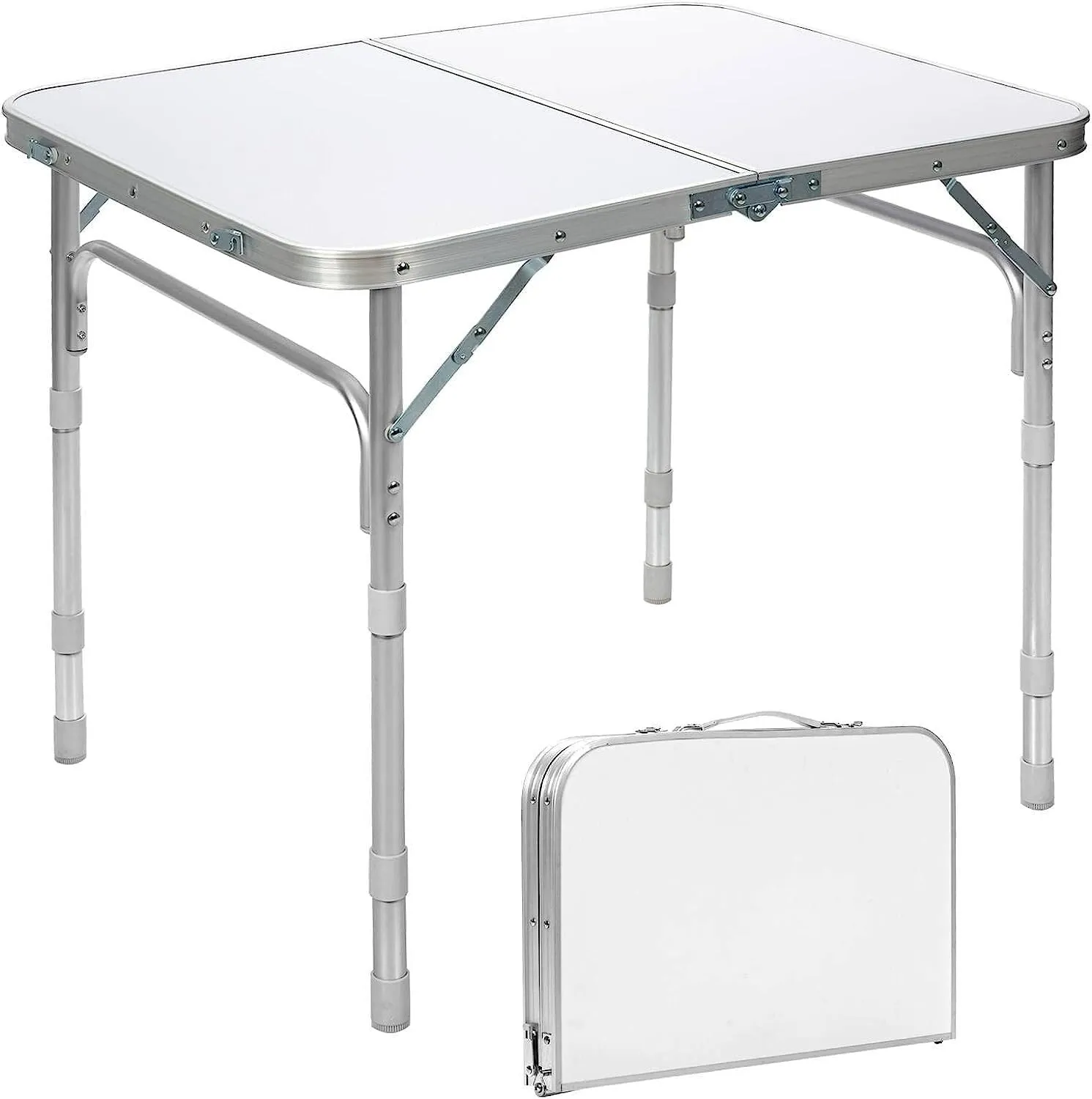 Camping Table, 80cm/90cm Folding Camping Table, Adjustable Height Aluminum Picnic Table with Carrying Handle, Fold Up Dining Trestle Table for Indoor Outdoor BBQ Party