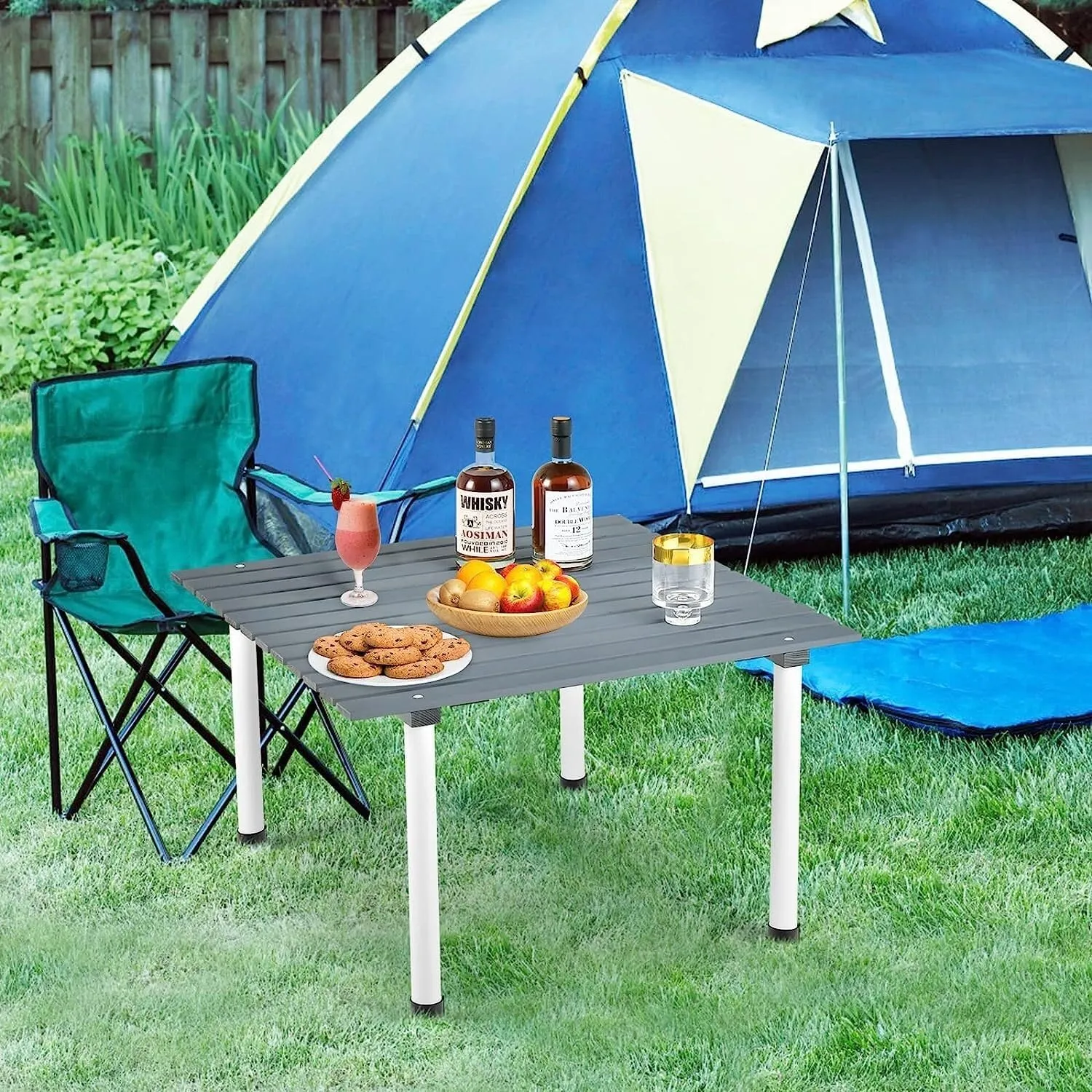 Camping Table, Folding Camping Table, Roll Up Portable Picnic Table with Carrying Bag, Fir Wood Top Outdoor Indoor BBQ Dining Table for Camp, Hiking, Beach, BBQ, Kitchen(Gray)