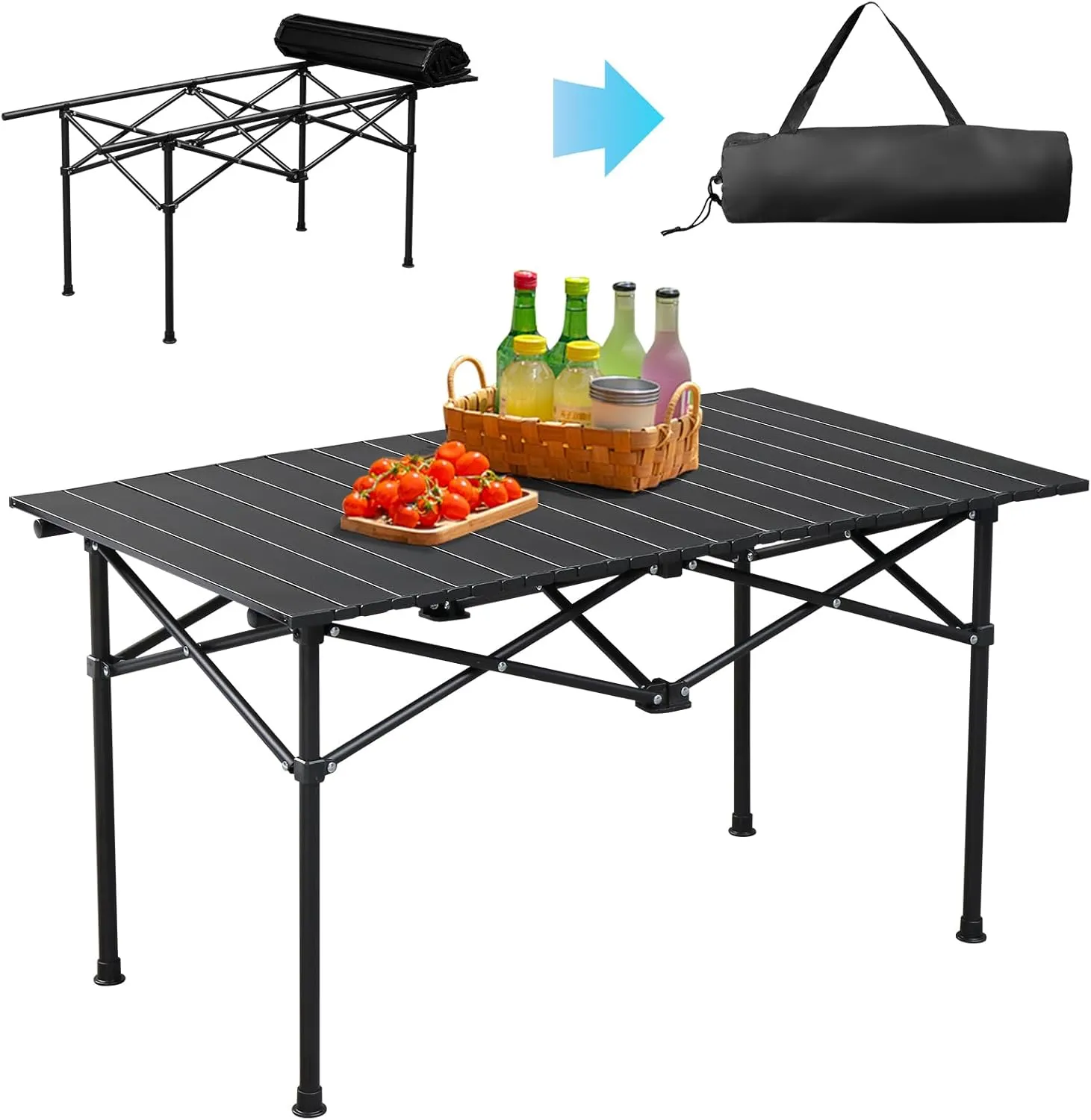 Camping Table Folding Portable Camp Metal Fold Up Lightweight Roll Up Table Adjustable Height with Carry Bag Indoor Outdoor for Camping, Picnic, Backyard, BBQ, Patio, Black (47.2 x 20 x 20 inch)