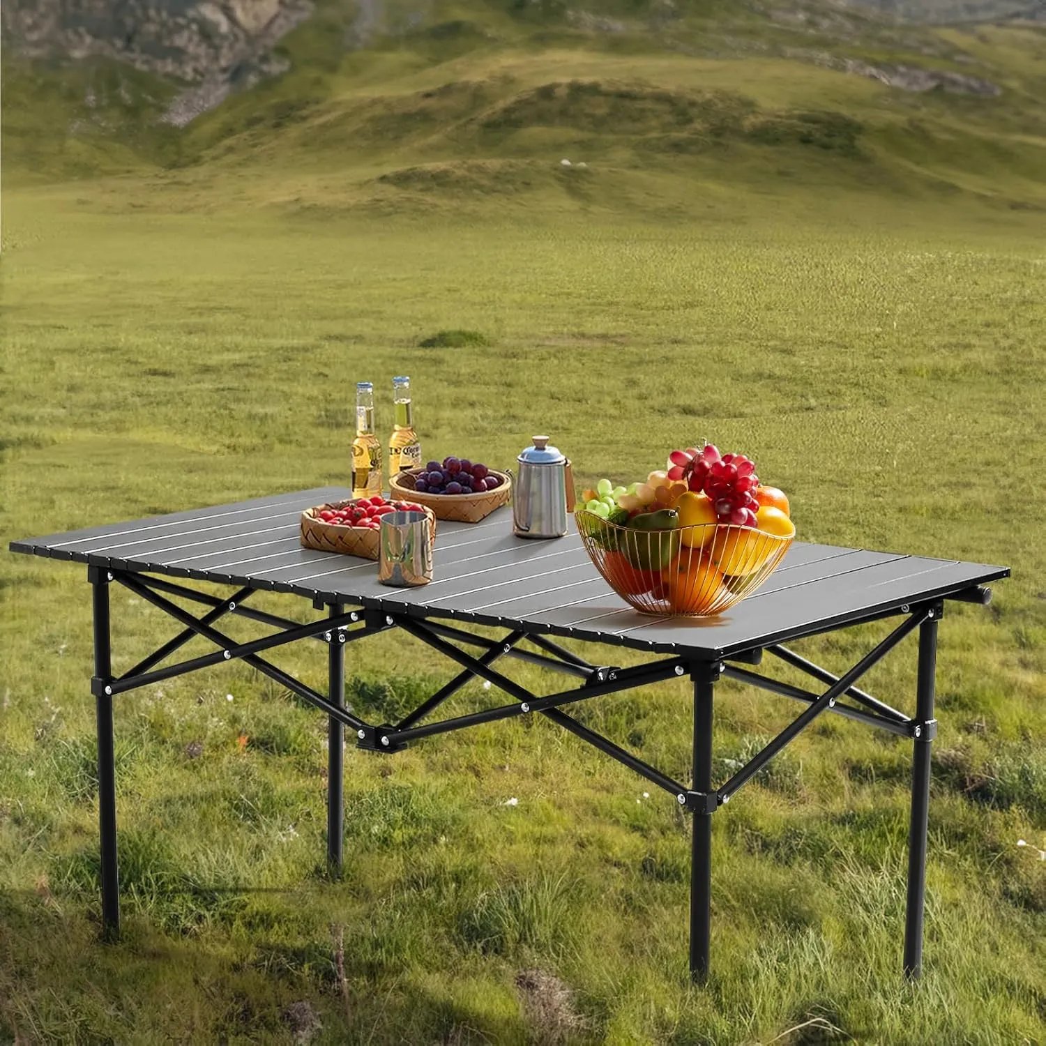 Camping Table Folding Portable Camp Metal Fold Up Lightweight Roll Up Table Adjustable Height with Carry Bag Indoor Outdoor for Camping, Picnic, Backyard, BBQ, Patio, Black (47.2 x 20 x 20 inch)