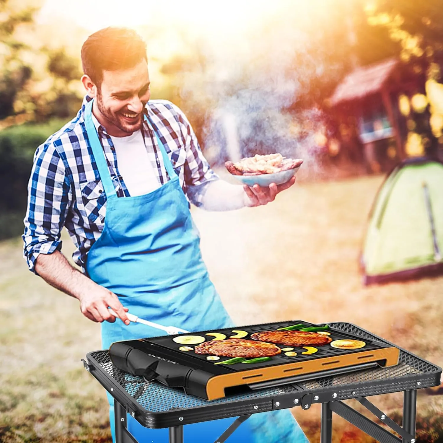 Camping Table Grill 4 Height Adjustable Small Folding 2FT Foldable Picnic Portable Grill Stand Mesh Outdoor Beach BBQ RV Black