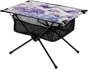 Camping Table Lightweight Portable Folding Table with Mesh Storage Net Butterfly Flower Purple Hydrangea Ideal for Camping Hiking Beach Picnic Travel Backyard