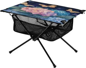 Camping Table Lightweight Portable Folding Table with Mesh Storage Net Flower Pink and Blue Hydrangeas Ideal for Camping Hiking Beach Picnic Travel Backyard