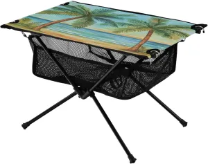 Camping Table Lightweight Portable Folding Table with Mesh Storage Net Palm Trees and The Sea Ideal for Camping Hiking Beach Picnic Travel Backyard