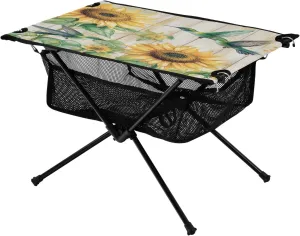 Camping Table Lightweight Portable Folding Table with Mesh Storage Net Wood Grain Flowers Birds Ideal for Camping Hiking Beach Picnic Travel Backyard