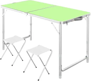 Camping Tables, Camp Tables Portable Foldable, Adjustable 47.2" Aluminum Folding Table for Picnic/Camping/Grilling (Color : Green  2 Chairs)