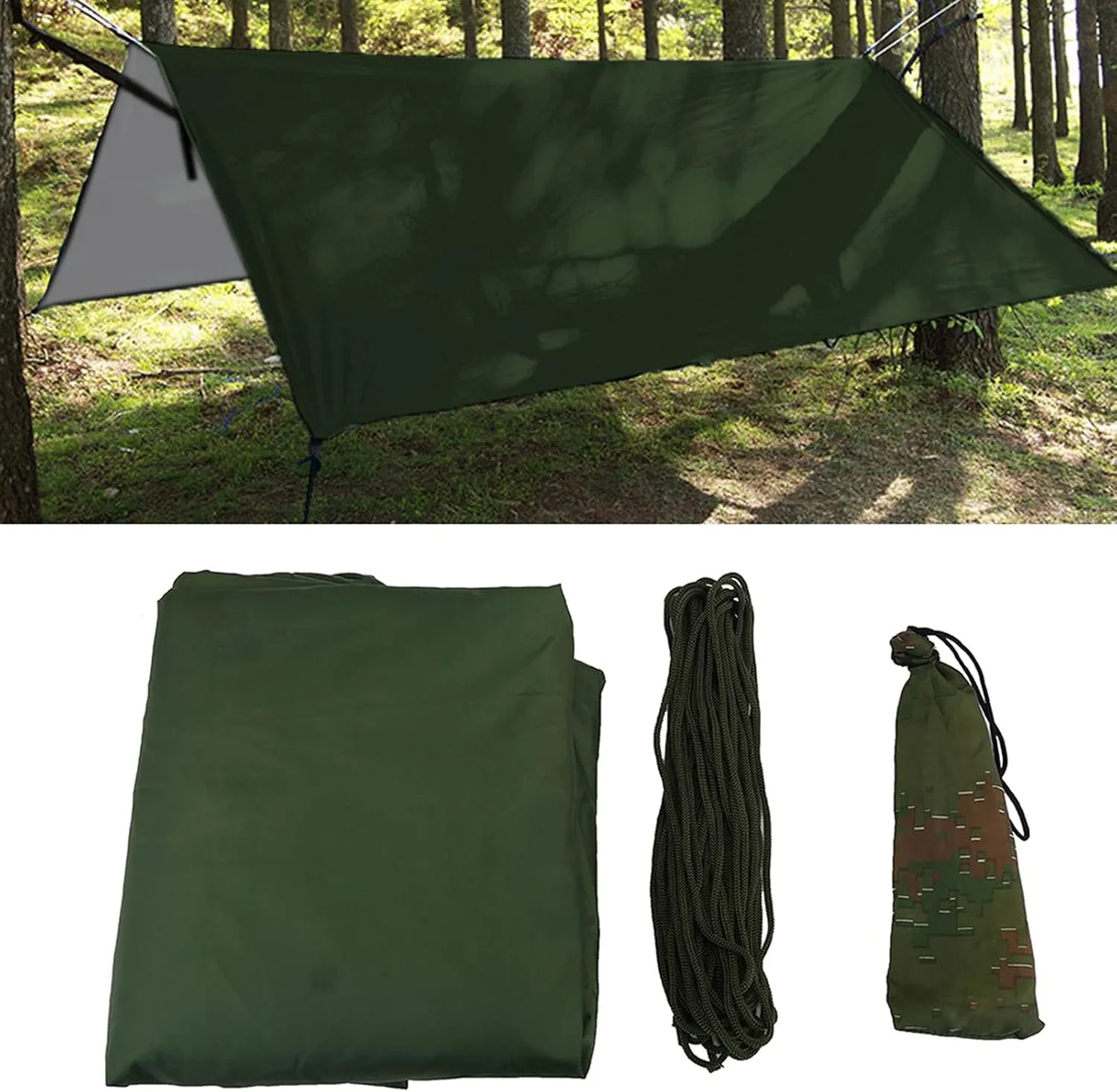 Camping Tarp, Waterproof Hammock Rain Fly Lightweight Tent Tarp Backpacking Tarp Shelter Rain Tarp for Outdoor Adventure, Backpacking, Hiking, Traveling (Green)