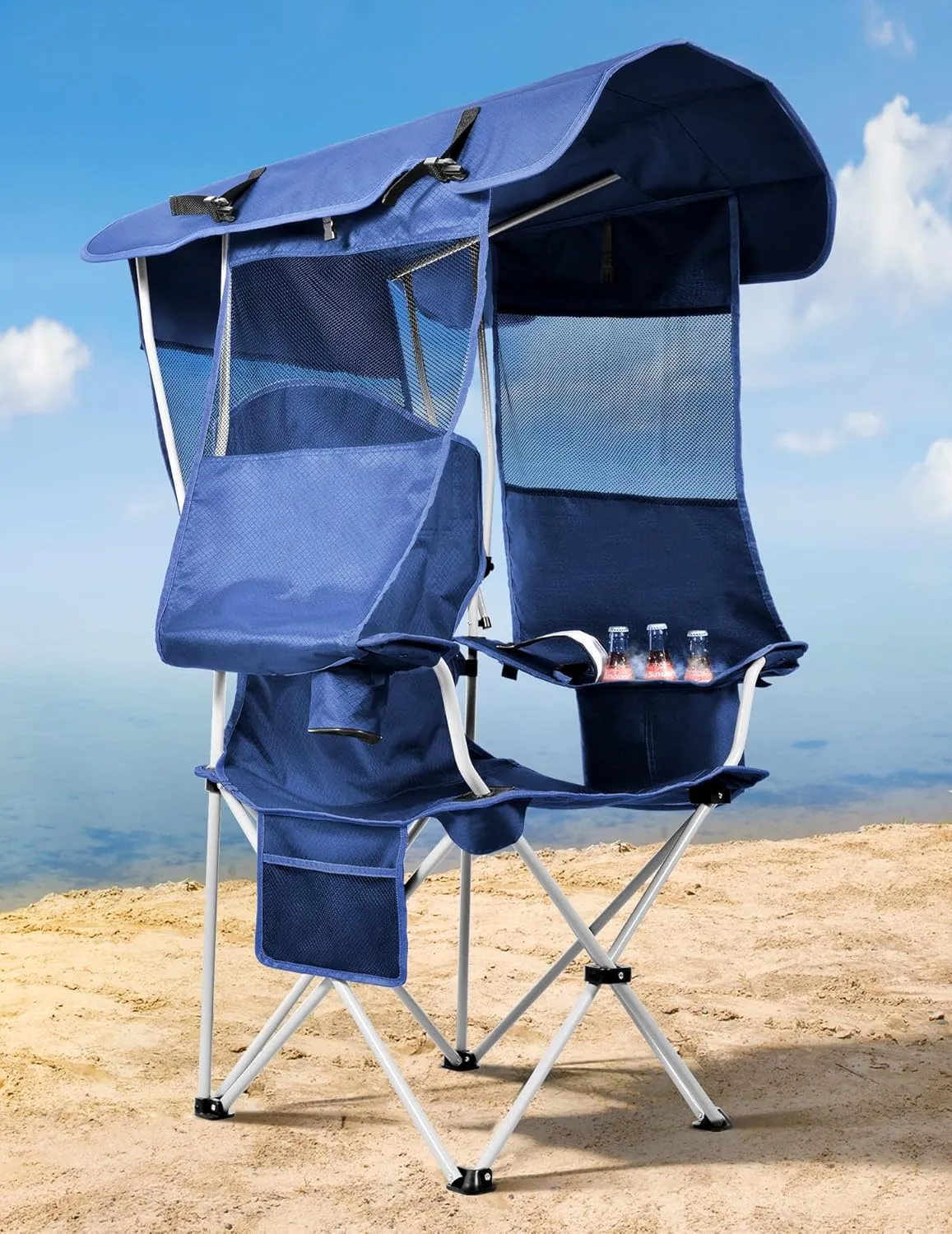 Canopy Beach Chair with Cooler, Beach Chair with Canopy Shade, Cup Holder, Side Pocket for Outdoors Sports, Beach, Camping, Tailgates, Fishing - Support 330 LBS