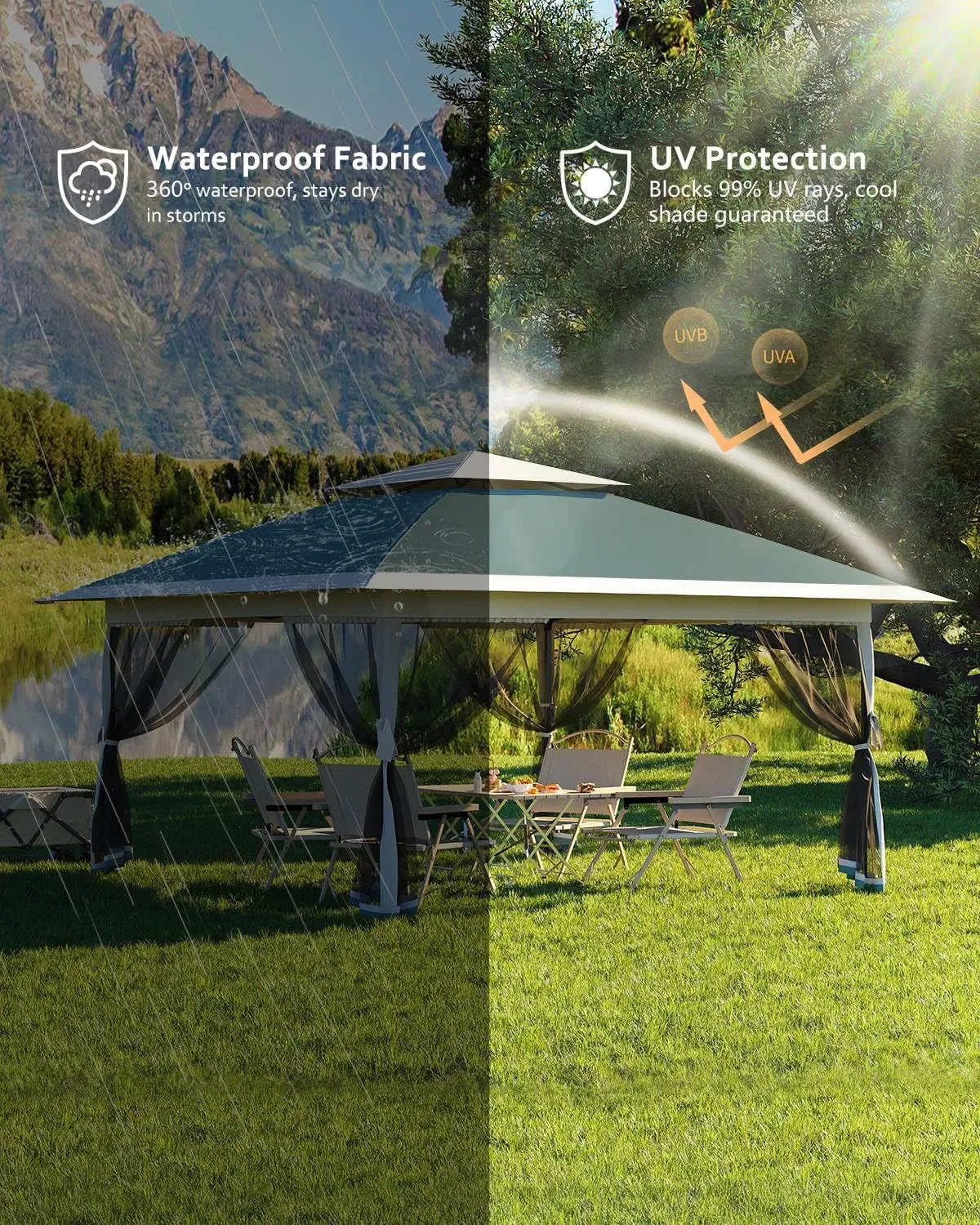 Canopy Tent 13x13, Pop Up Gazebo Tent Easy Setup with 4 Sand Bags for Backyard Garden Patio,Mosquito Netting & Height Adjustable - Green