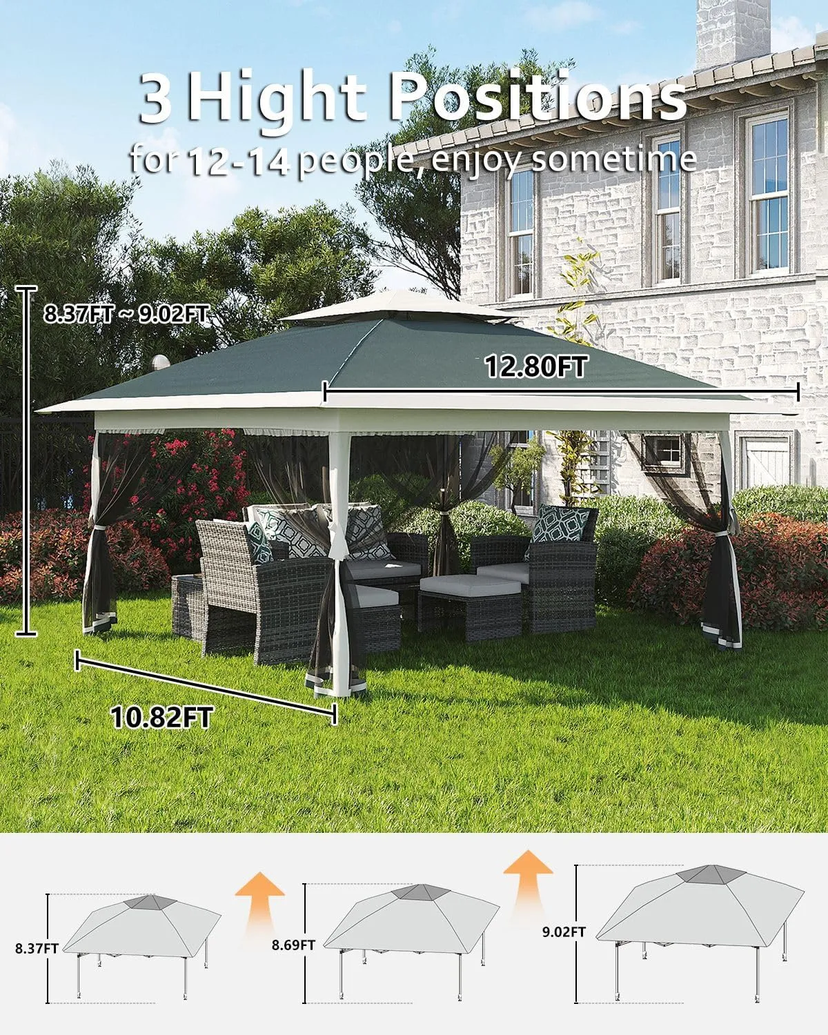 Canopy Tent 13x13, Pop Up Gazebo Tent Easy Setup with 4 Sand Bags for Backyard Garden Patio,Mosquito Netting & Height Adjustable - Green
