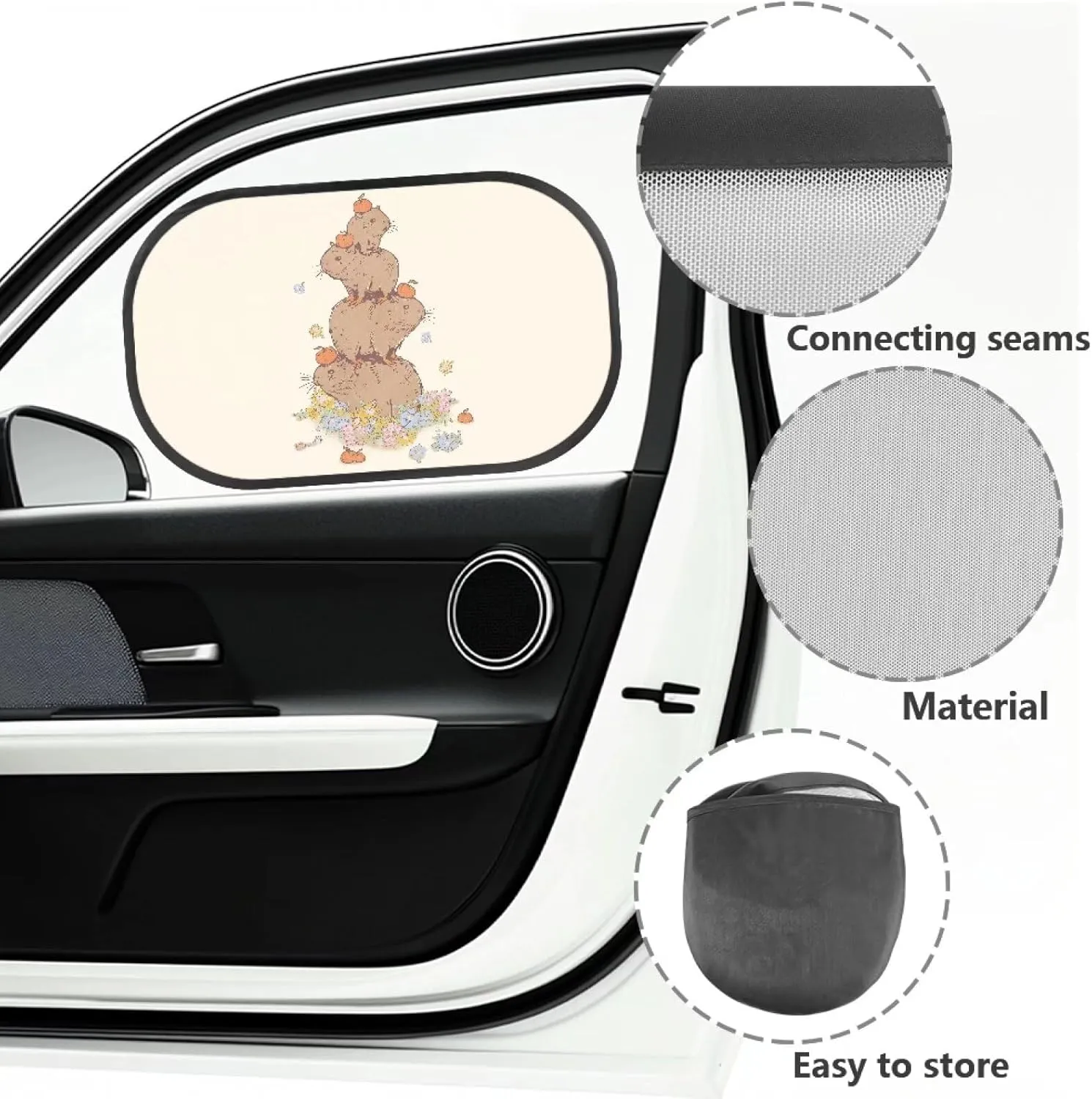 Capybara Family Car Sun Shade for Baby Kids 2 Pack Cling Side Window Car Rear Sunshades Universal with Storage Bag Sun Glare and UV Rays Protection