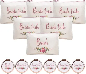 CARAKNOTS Bride Tribe Gifts Bride Tribe Bags Set of 12 Bridesmaid Gifts for Wedding Proposal Bridal Shower Bachelorette Party Favor Cotton Canvas Cosmetic Makeup Bag with Compact Mirror
