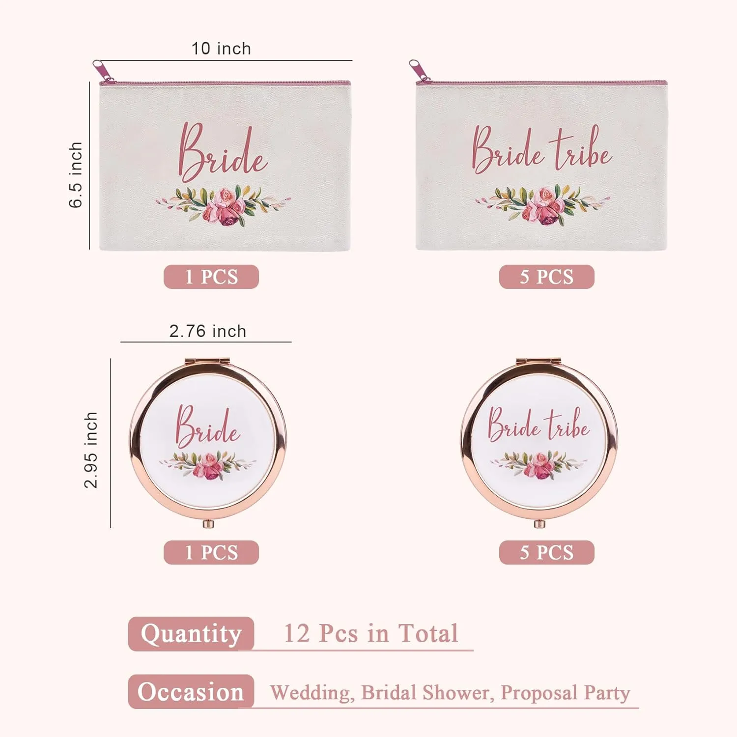 CARAKNOTS Bride Tribe Gifts Bride Tribe Bags Set of 12 Bridesmaid Gifts for Wedding Proposal Bridal Shower Bachelorette Party Favor Cotton Canvas Cosmetic Makeup Bag with Compact Mirror