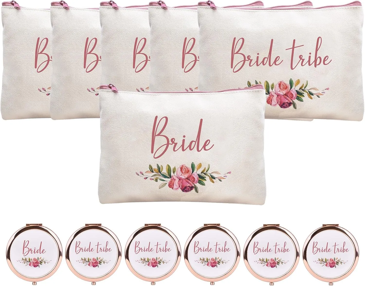 CARAKNOTS Bride Tribe Gifts Bride Tribe Bags Set of 12 Bridesmaid Gifts for Wedding Proposal Bridal Shower Bachelorette Party Favor Cotton Canvas Cosmetic Makeup Bag with Compact Mirror