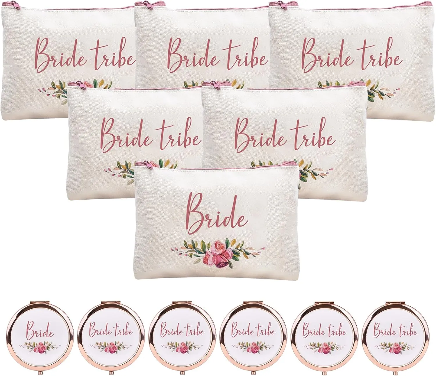 CARAKNOTS Bride Tribe Gifts Bride Tribe Bags Set of 12 Bridesmaid Gifts for Wedding Proposal Bridal Shower Bachelorette Party Favor Cotton Canvas Cosmetic Makeup Bag with Compact Mirror