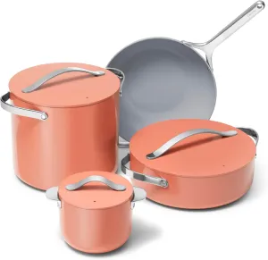 Caraway Cookware  Collection - Specialty Cookware Set - Petite Cooker, Stir Fry Pan, Rondeau, & Stock Pot - 3 Lids & Storage Organizer Included - Perracotta