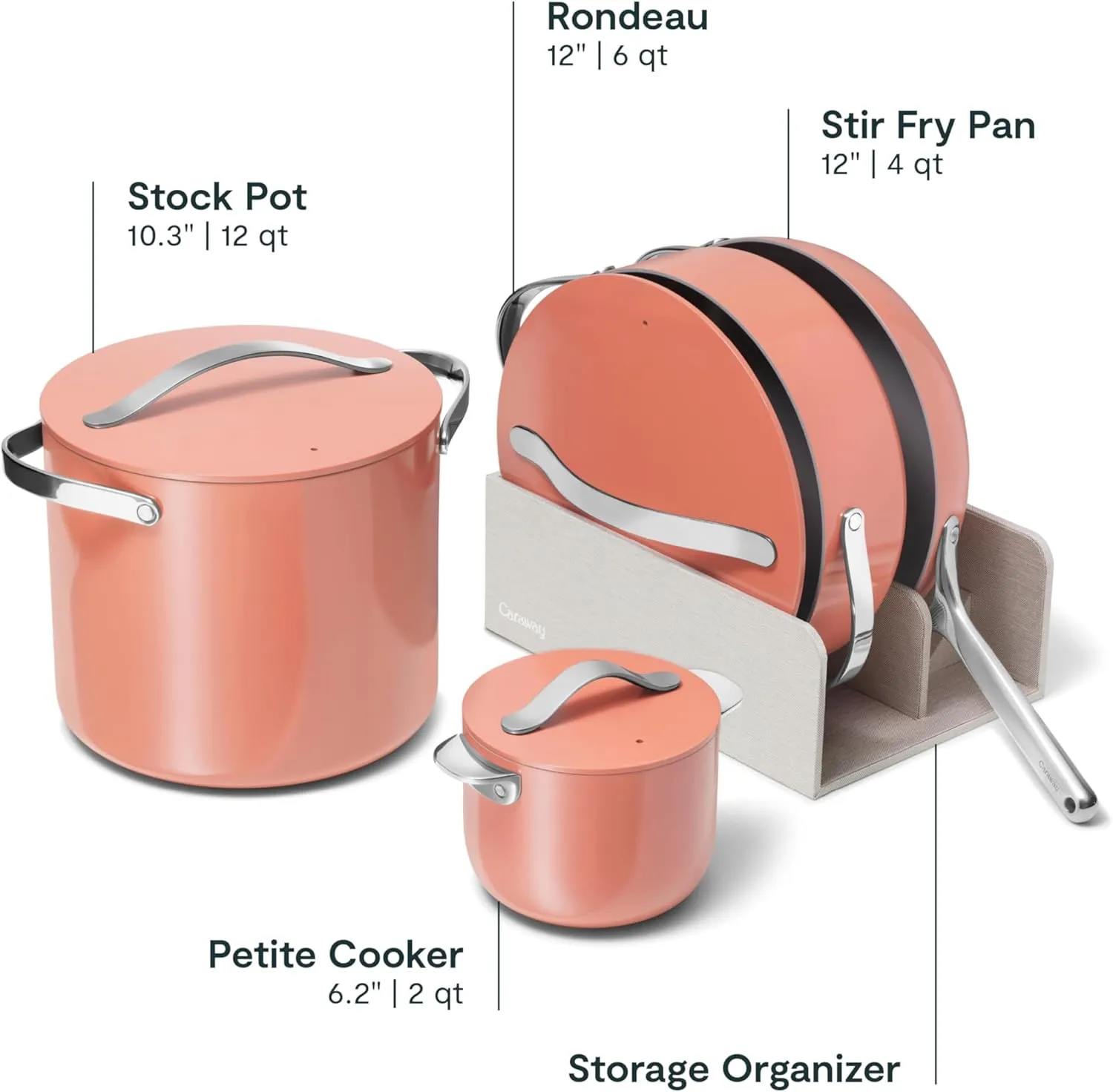 Caraway Cookware  Collection - Specialty Cookware Set - Petite Cooker, Stir Fry Pan, Rondeau, & Stock Pot - 3 Lids & Storage Organizer Included - Perracotta