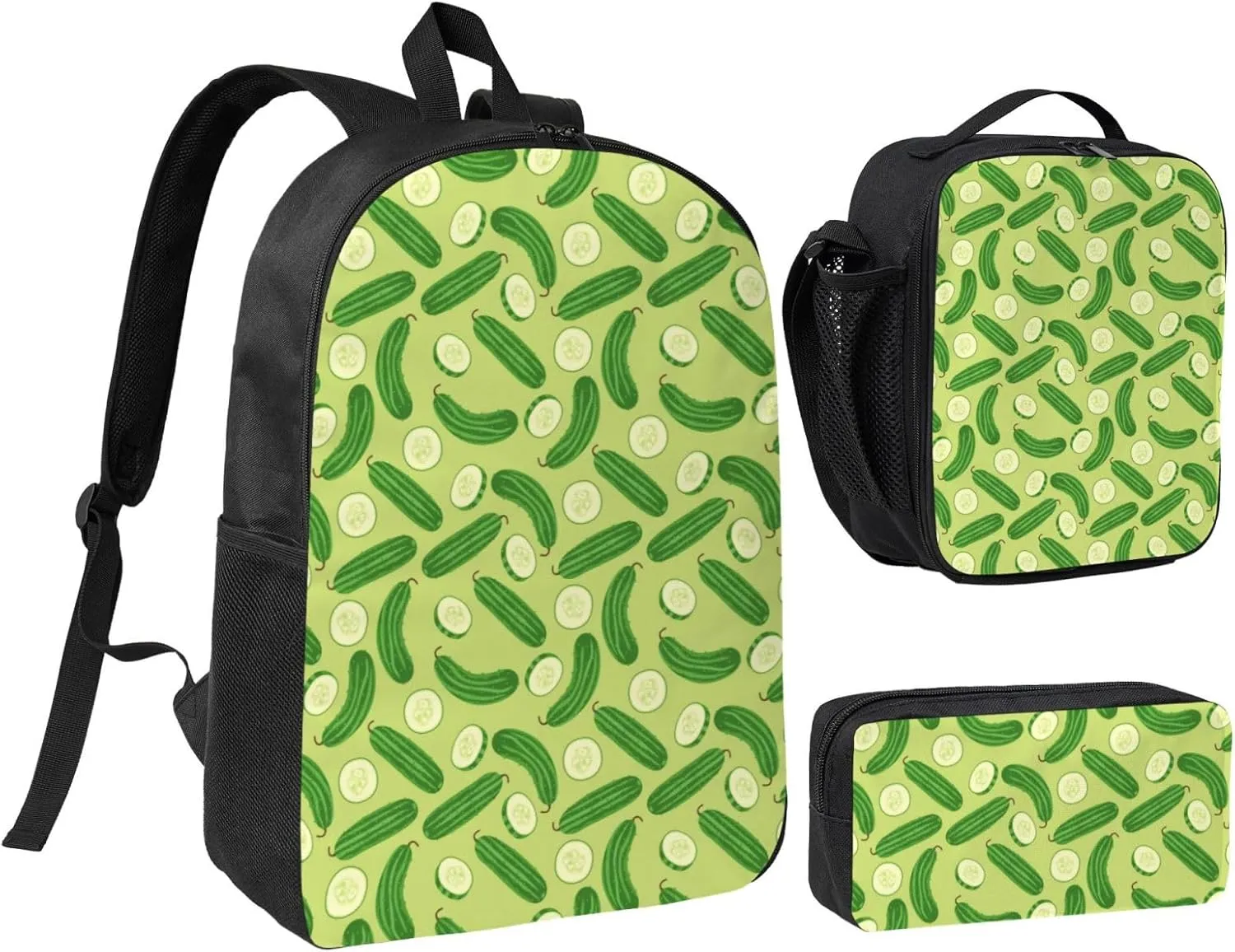 Cartoon Cucumber Pattern Backpack Set Lightweight Laptop Backpack Lunch Bag with Pencil Case for Women Men Travel Work
