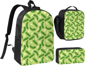 Cartoon Cucumber Pattern Backpack Set Lightweight Laptop Backpack Lunch Bag with Pencil Case for Women Men Travel Work