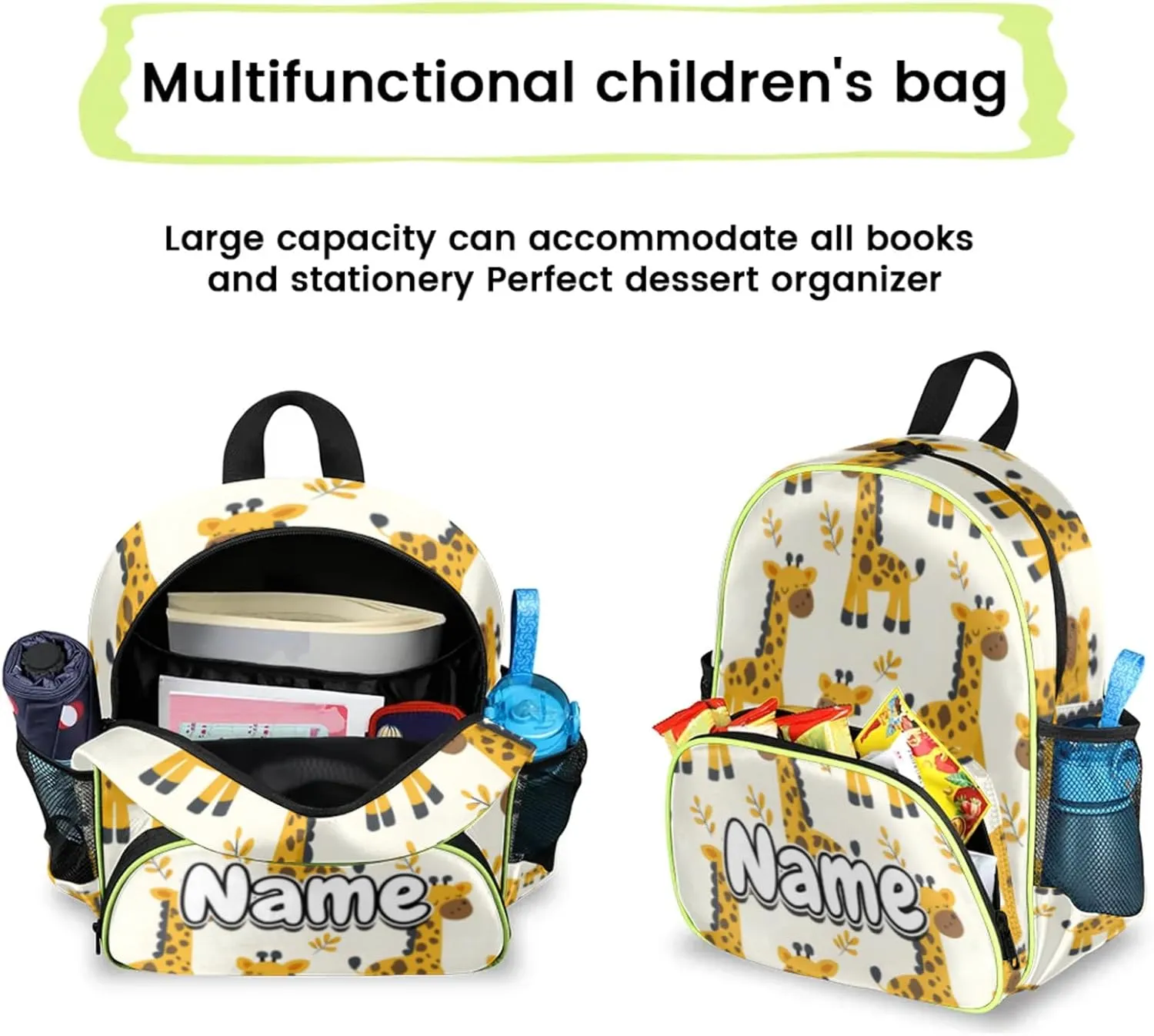 Cartoon Giraffes Custom Backpack with Name Cute Personalized Small Shoulder Bag Waterproof Travel Casual Backpack with Chest Strap 14.2in