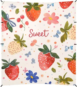 Cartoon Red Strawberry Flowers Foldable Beach Tent UPF50  Lightweight Portable Sun Shelter with Sturdy Poles, Sandbags and Shovel for Family Travel