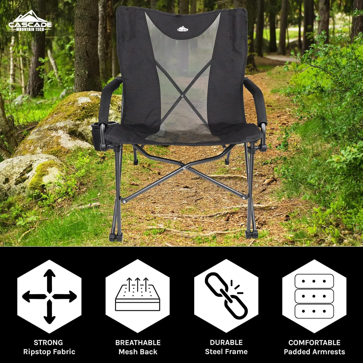 Cascade Mountain Tech Folding Camp Chair for Camping, Beach, Picnic, Barbqeues, Sporting Events with Carry Bag