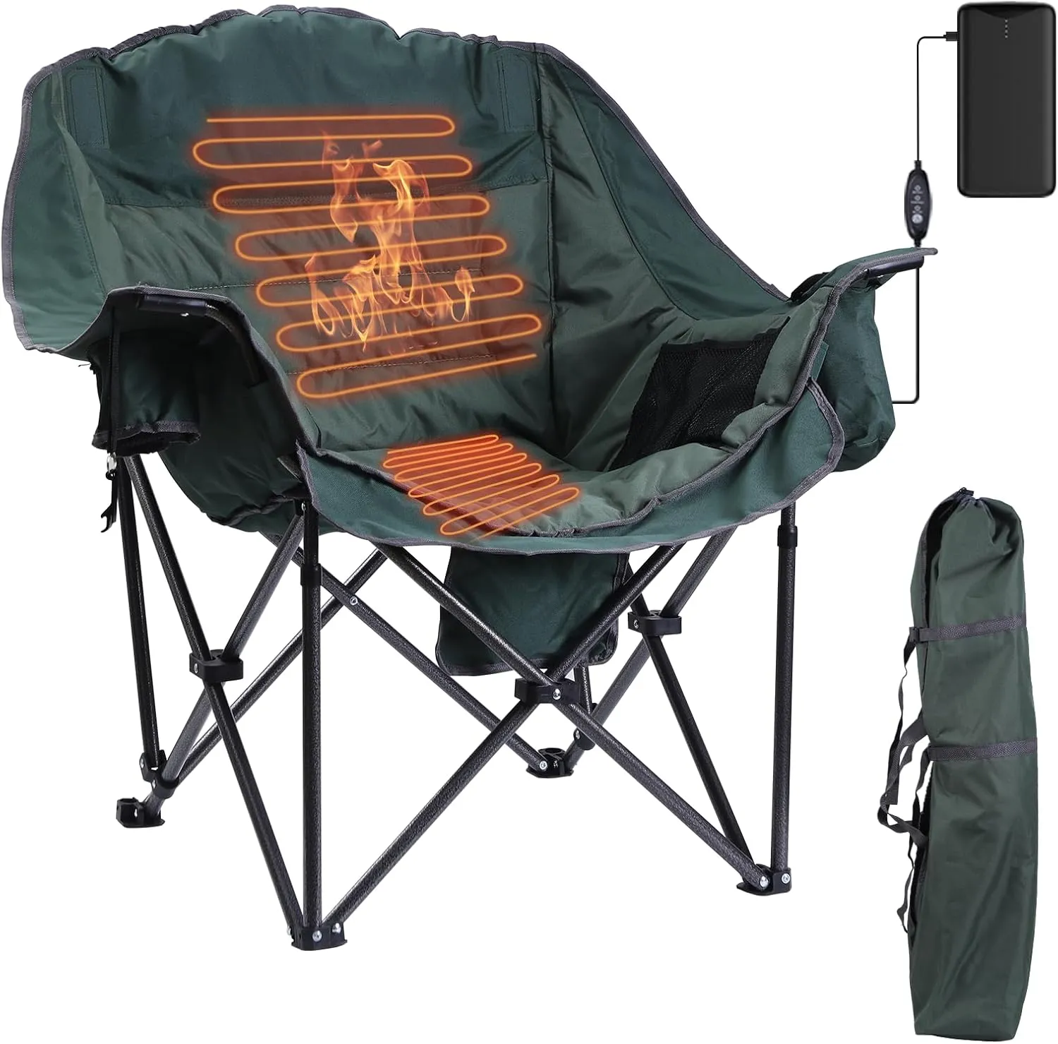 CDEN Heated Padded Chair, Heated Camping Chair, Heated Outdoor Chair, Oversized Camping Chair, with Cooler Bag, Side Bag, Heavy Duty, Power Bank (1 Pack)