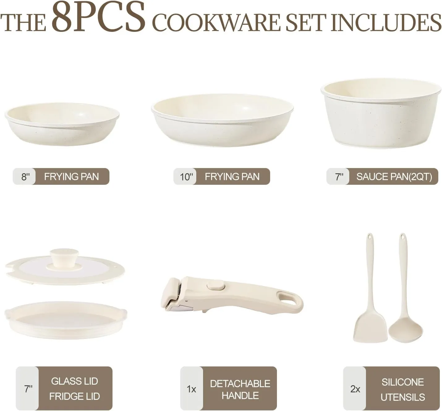 Ceramic Cookware Set Non Stick 8Pcs Pots and Pans Set Detachable Handle Induction Kitchen Cooking Set with Frying Pans Oven Dishwasher Safe, PFAS/PFOA Free, Cream White