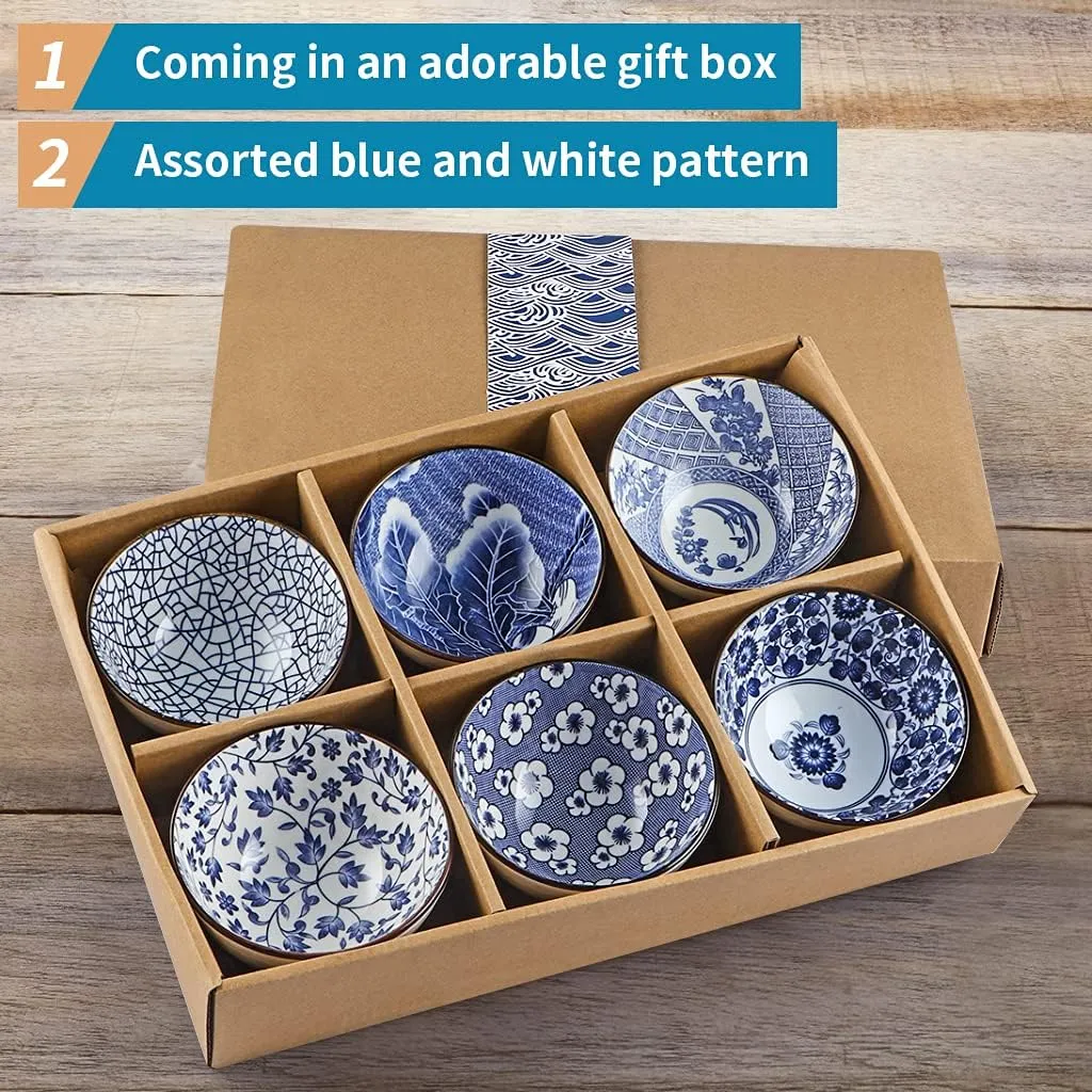 Ceramic Rice Bowls 10 oz, Japanese Style Bowl Gift Set, Assorted Dinnerware Serving Bowls for Cereal, Soup, Dessert, Snack, Fruit, Salsa, Pack of 6 (Blue and White)