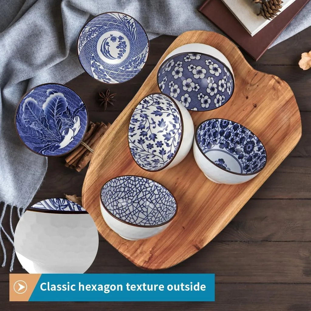 Ceramic Rice Bowls 10 oz, Japanese Style Bowl Gift Set, Assorted Dinnerware Serving Bowls for Cereal, Soup, Dessert, Snack, Fruit, Salsa, Pack of 6 (Blue and White)