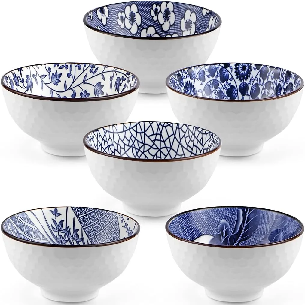 Ceramic Rice Bowls 10 oz, Japanese Style Bowl Gift Set, Assorted Dinnerware Serving Bowls for Cereal, Soup, Dessert, Snack, Fruit, Salsa, Pack of 6 (Blue and White)