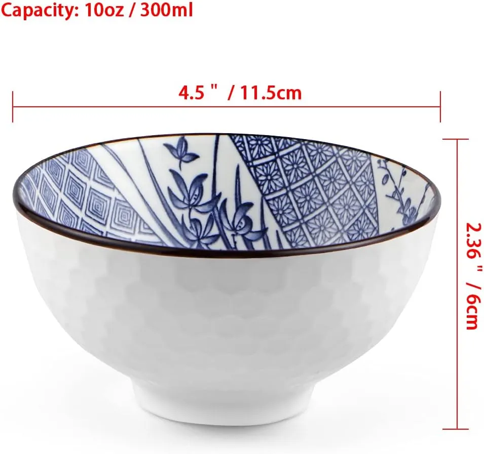 Ceramic Rice Bowls 10 oz, Japanese Style Bowl Gift Set, Assorted Dinnerware Serving Bowls for Cereal, Soup, Dessert, Snack, Fruit, Salsa, Pack of 6 (Blue and White)