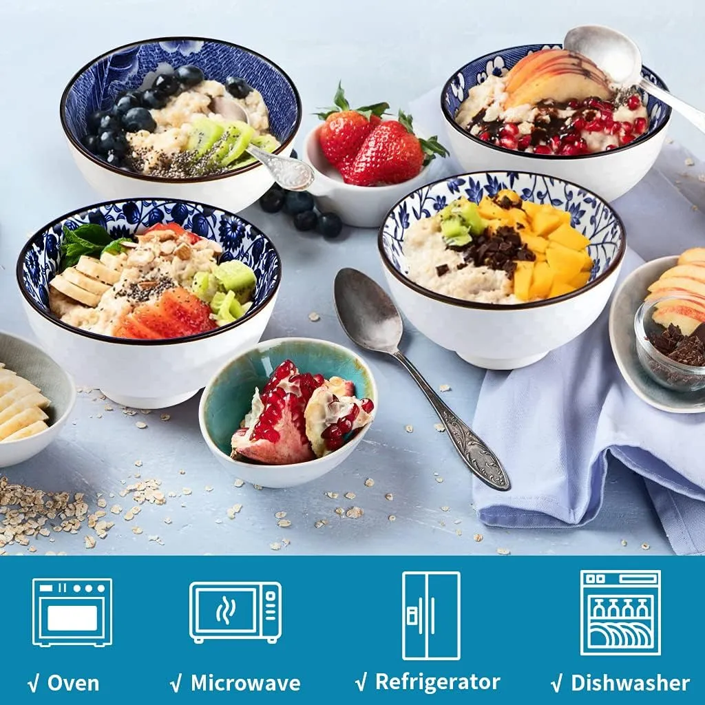 Ceramic Rice Bowls 10 oz, Japanese Style Bowl Gift Set, Assorted Dinnerware Serving Bowls for Cereal, Soup, Dessert, Snack, Fruit, Salsa, Pack of 6 (Blue and White)
