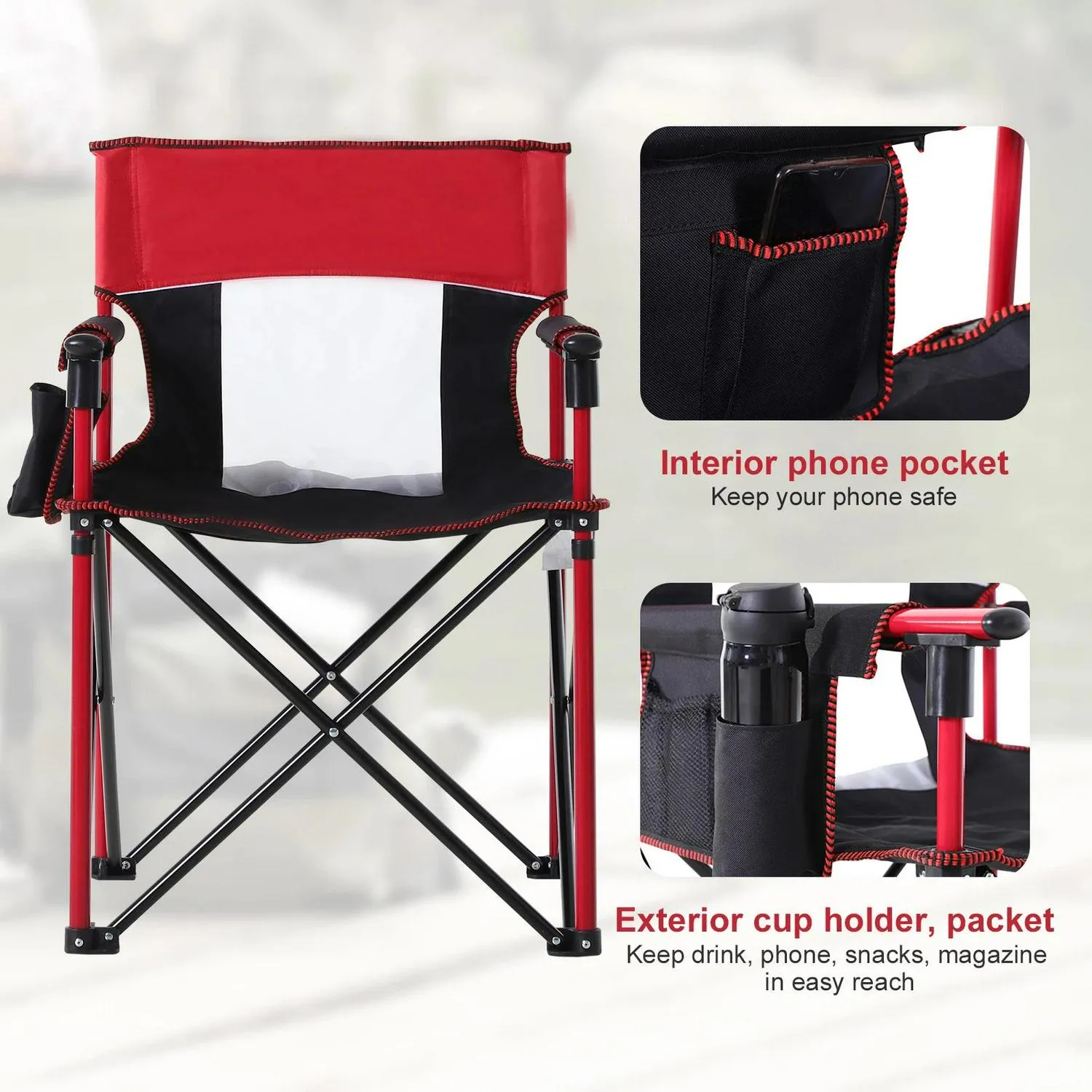 Chair Fishing Director Metal Picnic Oxford Folding Portable Cup Seat With Privacy-focused Customized options Frame Camping Pocket - Outsunny Phone Holder, Armchair Red