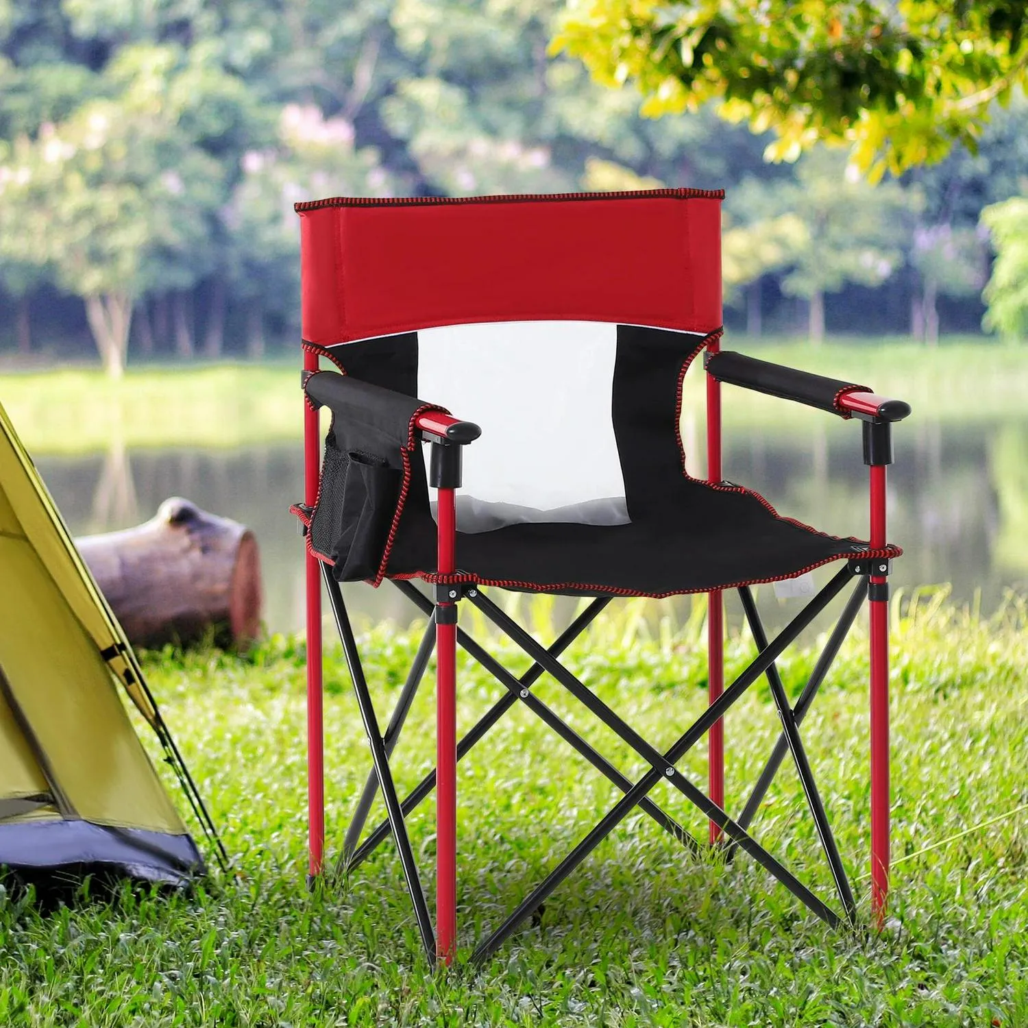 Chair Fishing Director Metal Picnic Oxford Folding Portable Cup Seat With Privacy-focused Customized options Frame Camping Pocket - Outsunny Phone Holder, Armchair Red