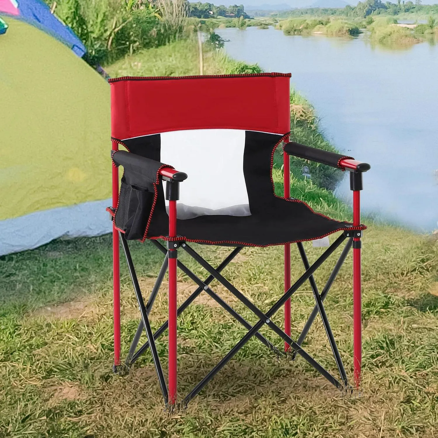 Chair Fishing Director Metal Picnic Oxford Folding Portable Cup Seat With Privacy-focused Customized options Frame Camping Pocket - Outsunny Phone Holder, Armchair Red