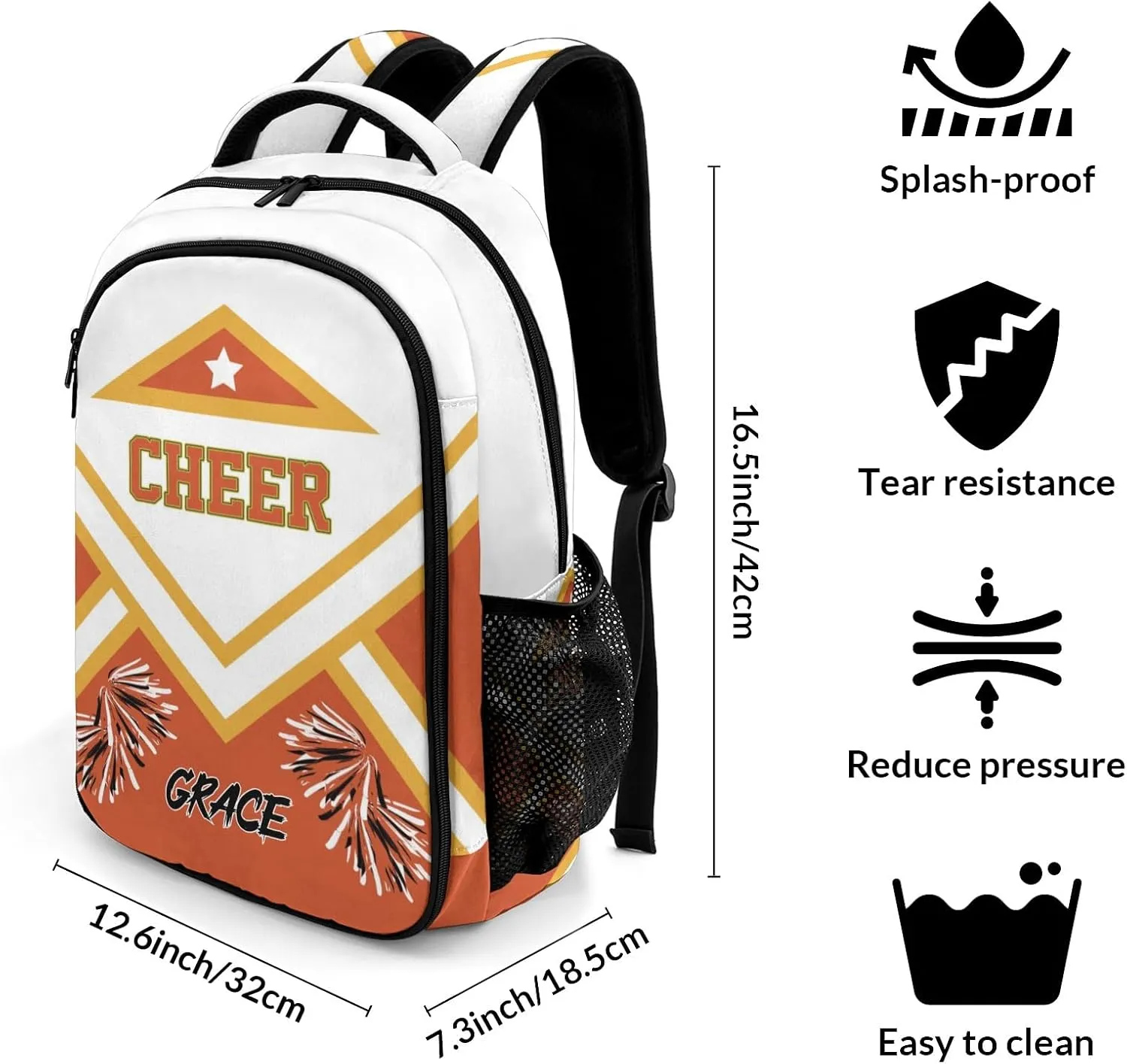 Cheer Cheerleader Orange Backpack Waterproof Shoulder Laptop Bag for Sport Competition Training Coach Gift