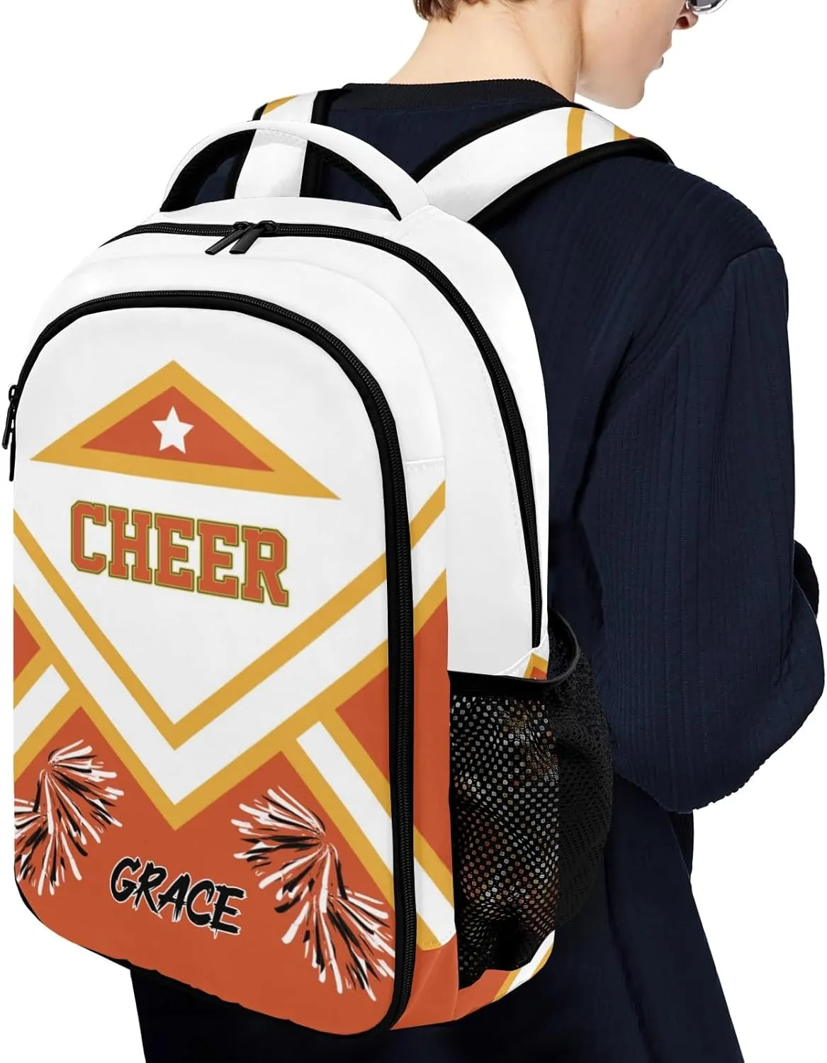Cheer Cheerleader Orange Backpack Waterproof Shoulder Laptop Bag for Sport Competition Training Coach Gift