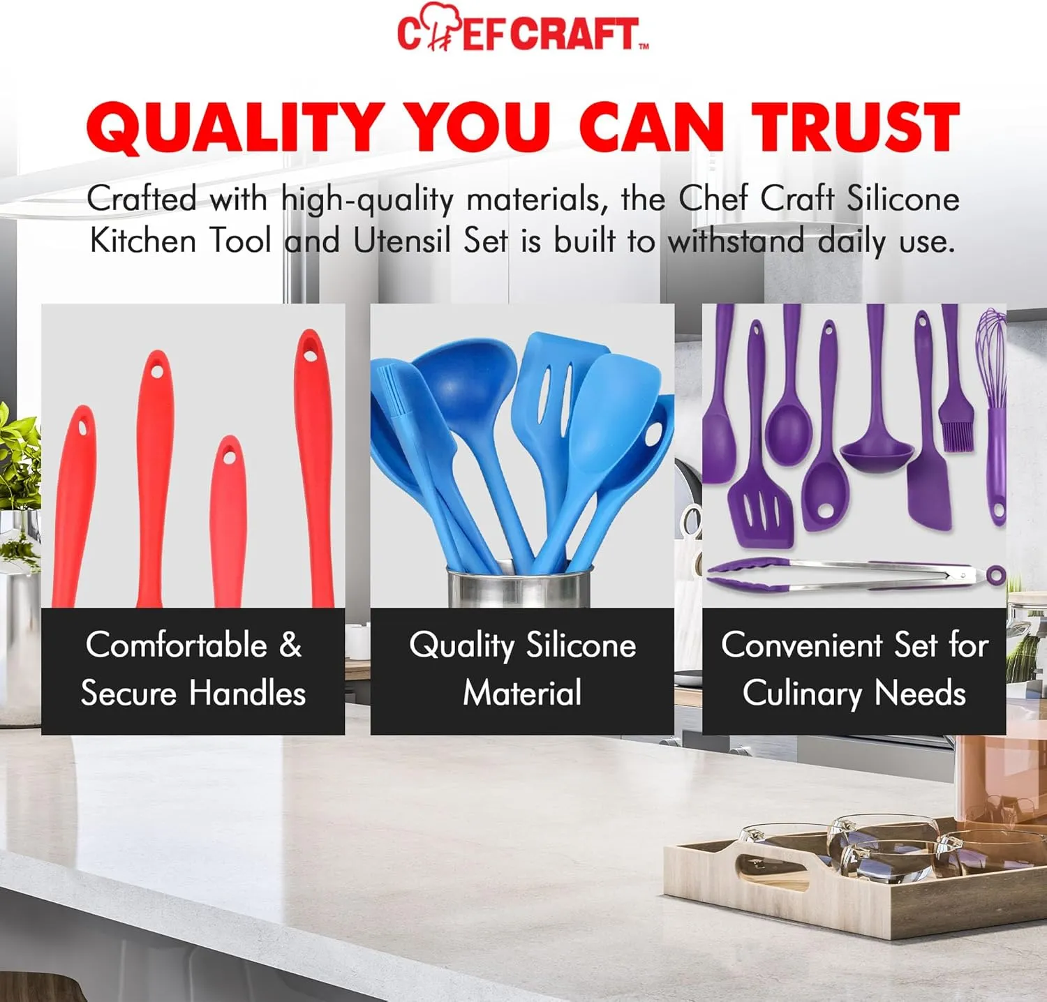 Chef Craft - Premium Silicone Kitchen Tools and Utensils Set, Non-Scratch, Withstands Temperatures up to 450°F, BPA-Free, 9 Piece Cooking Utensils Set, Gray