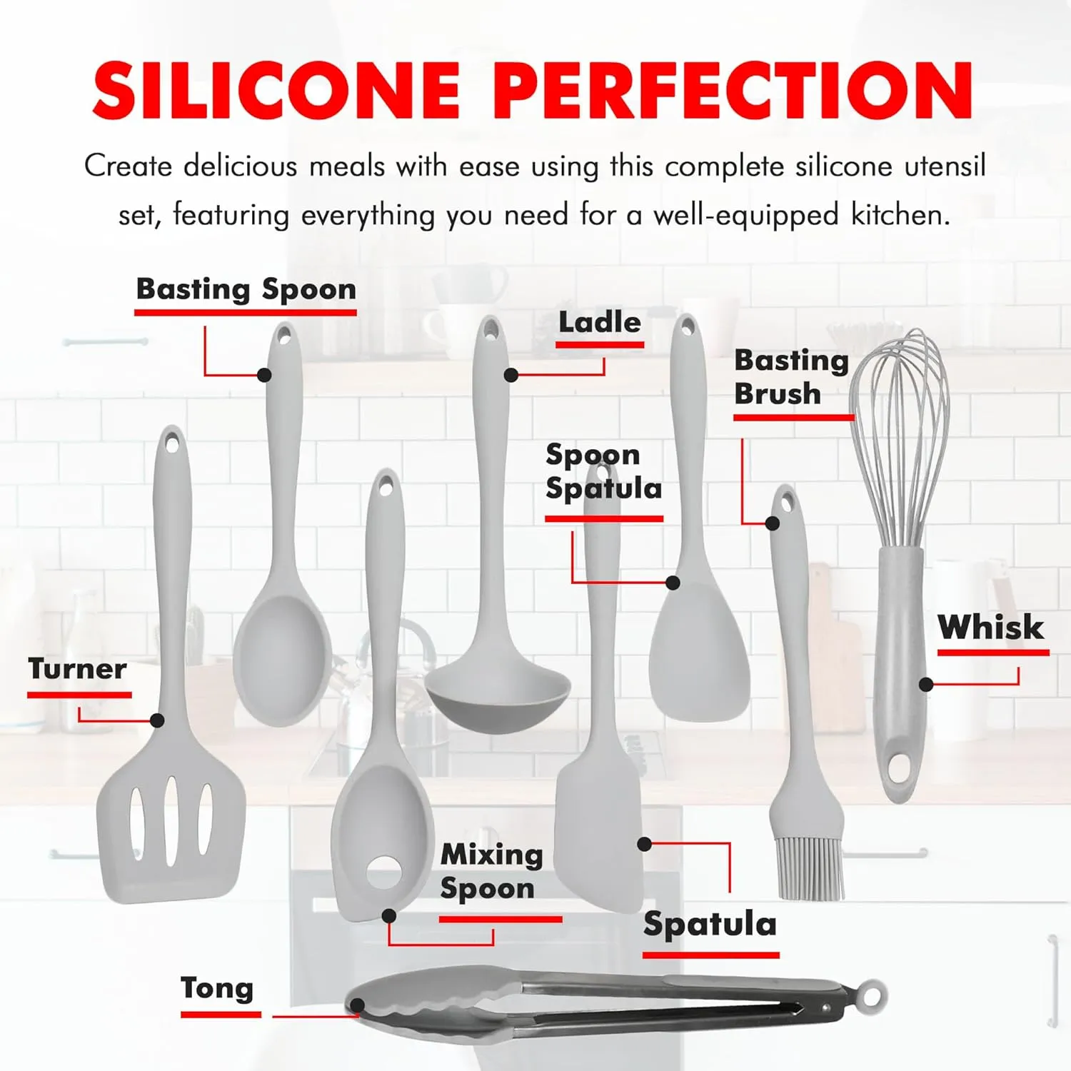 Chef Craft - Premium Silicone Kitchen Tools and Utensils Set, Non-Scratch, Withstands Temperatures up to 450°F, BPA-Free, 9 Piece Cooking Utensils Set, Gray