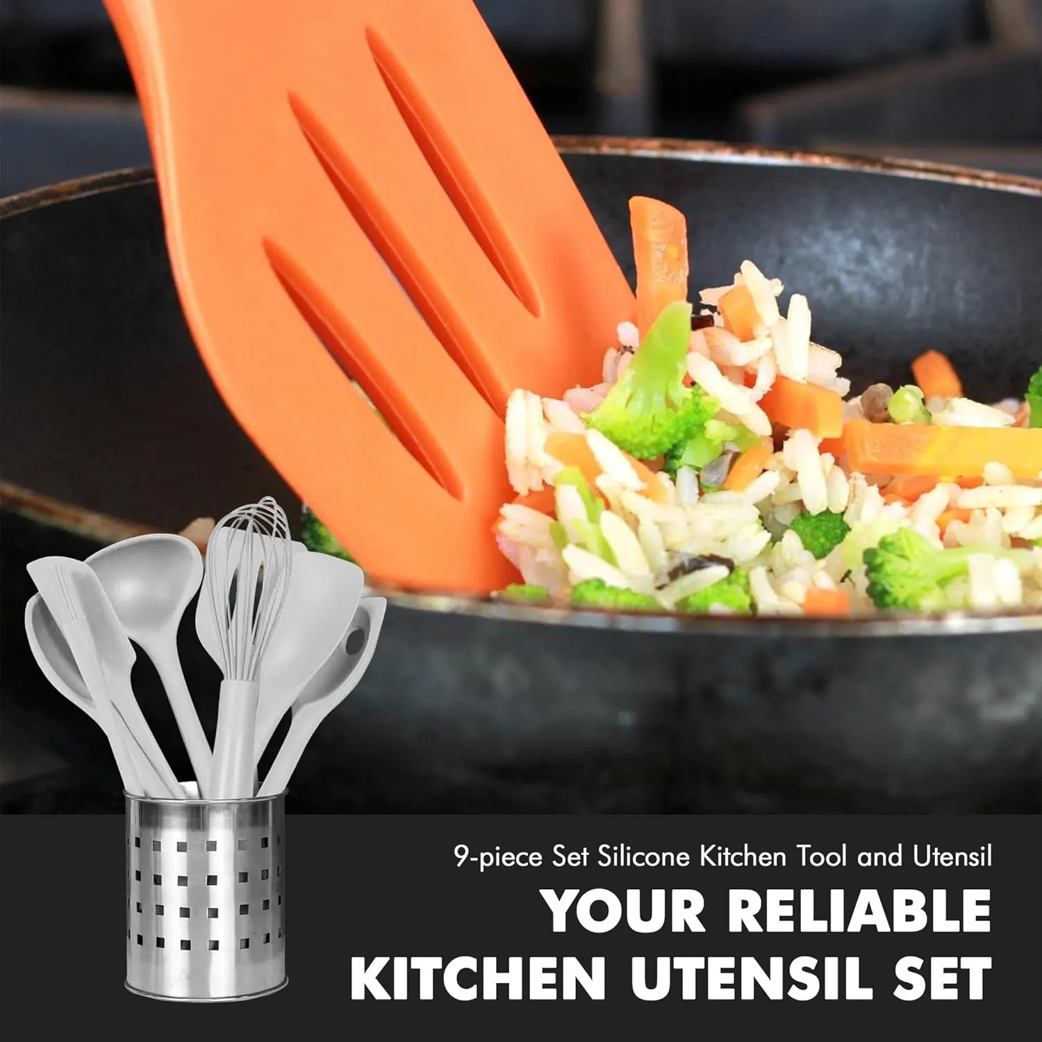 Chef Craft - Premium Silicone Kitchen Tools and Utensils Set, Non-Scratch, Withstands Temperatures up to 450°F, BPA-Free, 9 Piece Cooking Utensils Set, Gray