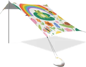 Childish Illustration Frog Butterfly Rainbow Flower Bee Colorful Designed UPF50  Protection Stable Beach Tent Waterproof Portable Sunshade with Sturdy Poles, Sandbags and Shovel for Camping,
