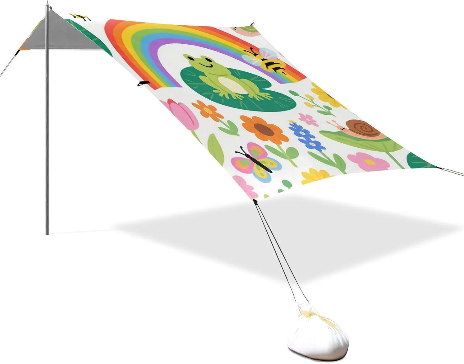 Childish Illustration Frog Butterfly Rainbow Flower Bee Colorful Designed UPF50  Protection Stable Beach Tent Waterproof Portable Sunshade with Sturdy Poles, Sandbags and Shovel for Camping,