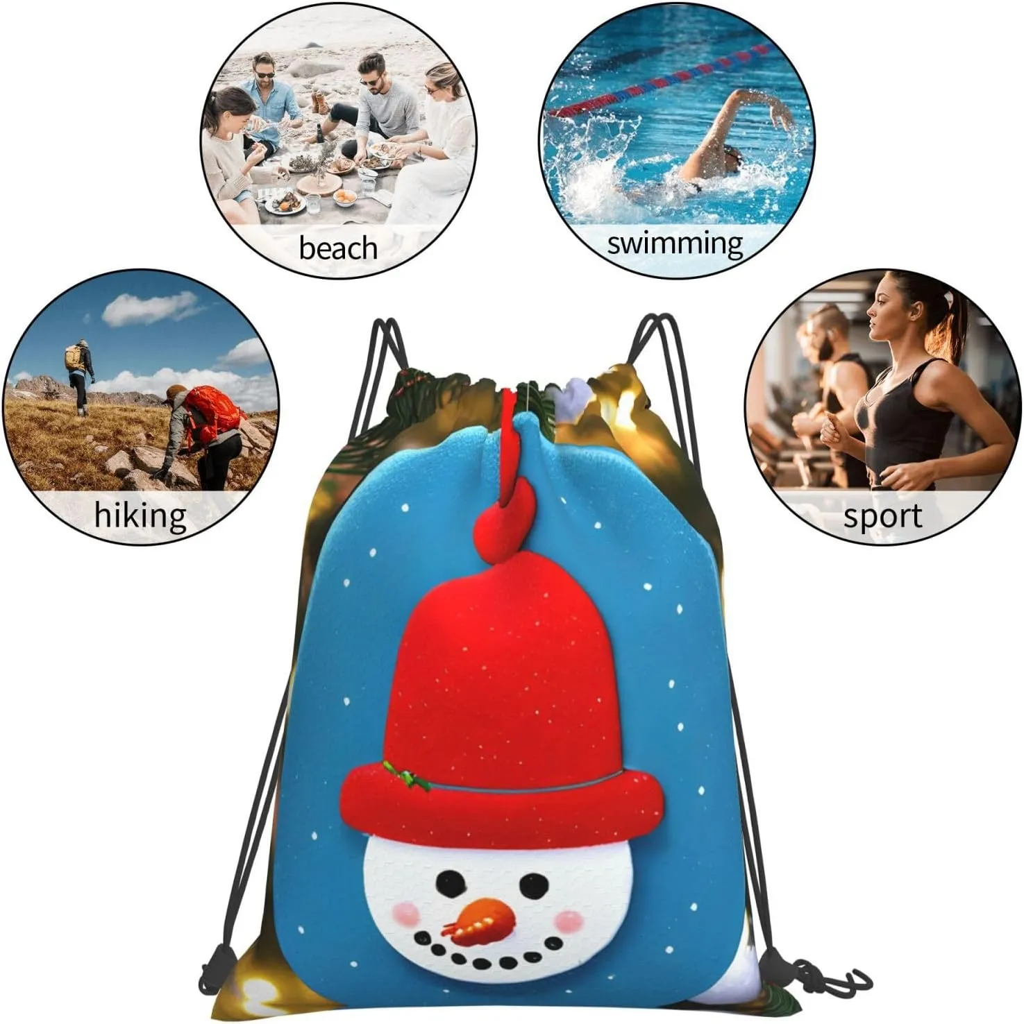 Christmas Carton Snowman Print Sports Drawstring Backpack,Water Resistant Bag, Gym Backpack for Women Men