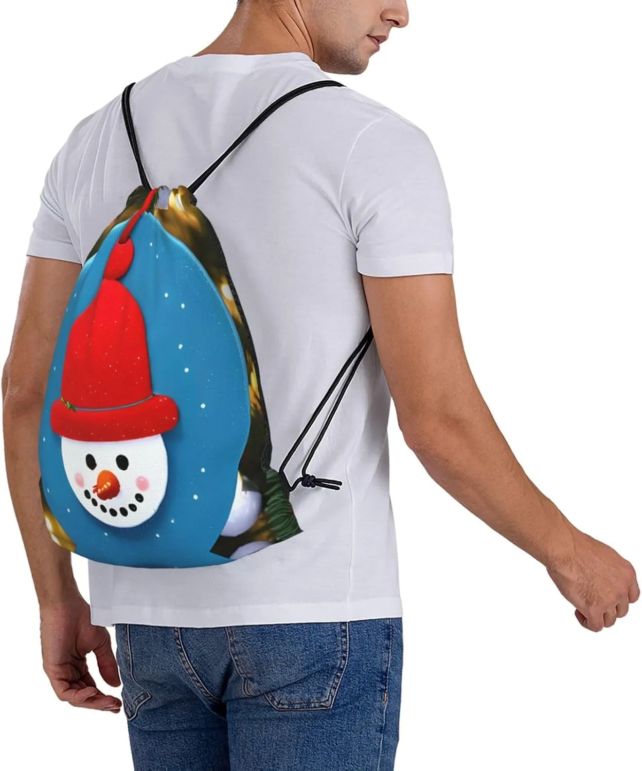 Christmas Carton Snowman Print Sports Drawstring Backpack,Water Resistant Bag, Gym Backpack for Women Men