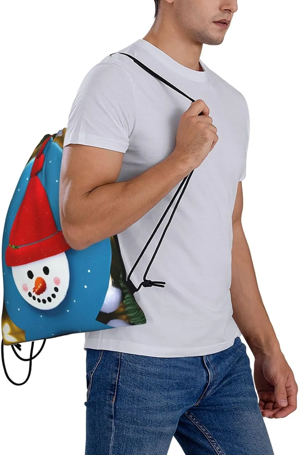 Christmas Carton Snowman Print Sports Drawstring Backpack,Water Resistant Bag, Gym Backpack for Women Men